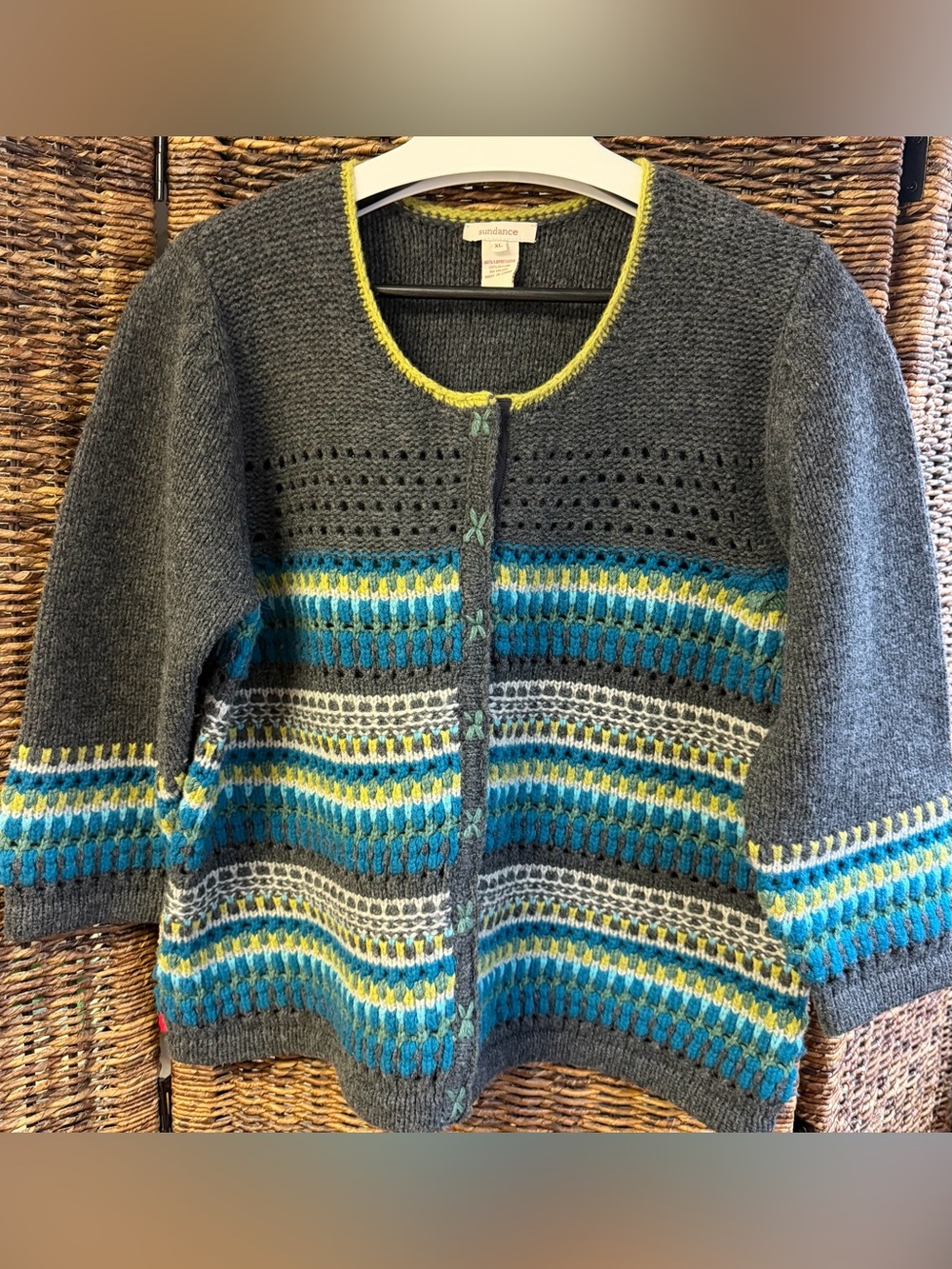 Sundance Gray Cardigan with Teal, Yellow & White Stripes, XLarge